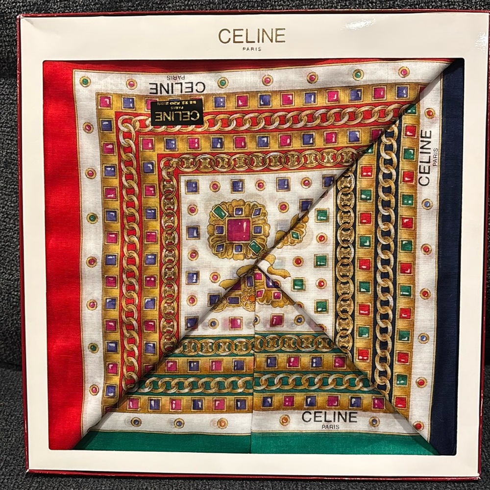 New inbox handkerchiefs, Celine vintage red blue green trim